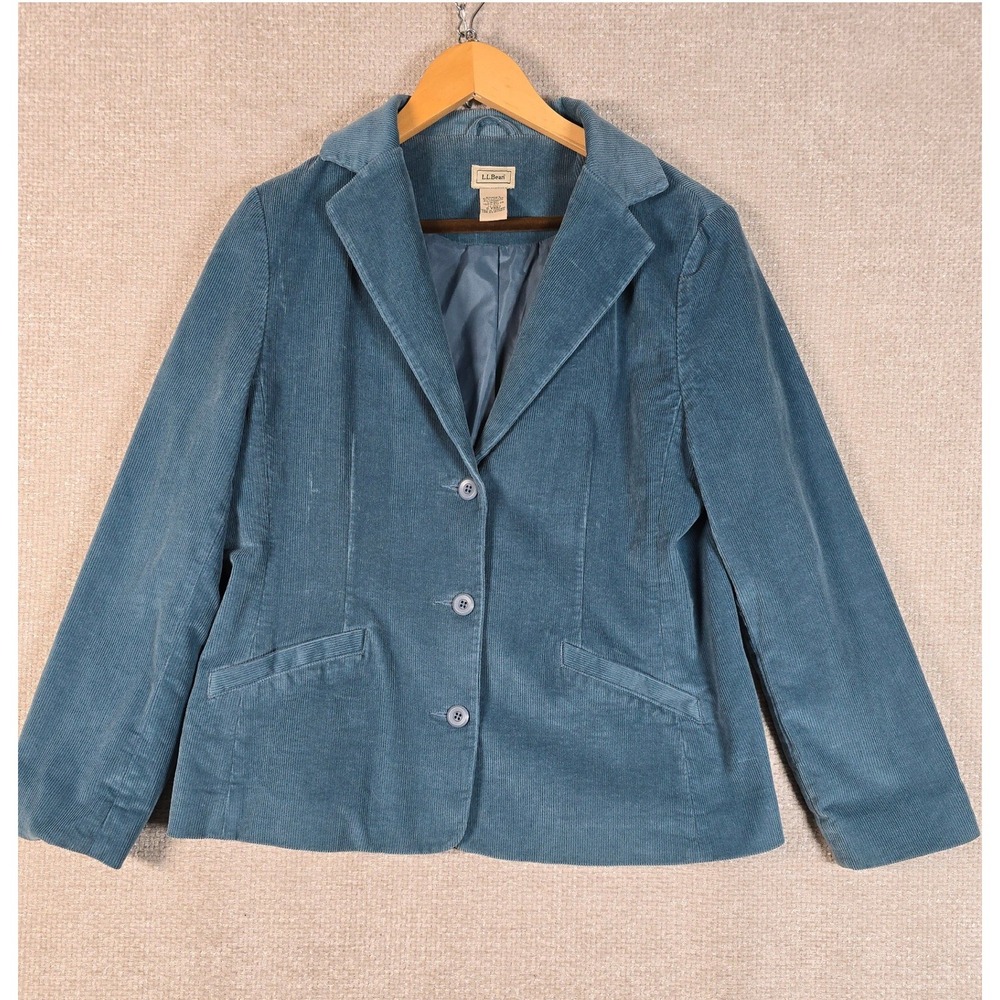 LL Bean Womens 12 Petite Blue Corduroy‎ Blazer Jacket 3-Button Cotton Stretch